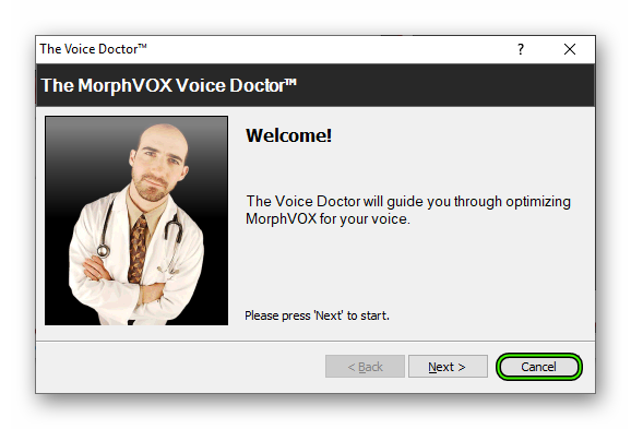 Кнопка Cancel в окне The Voice Doctor