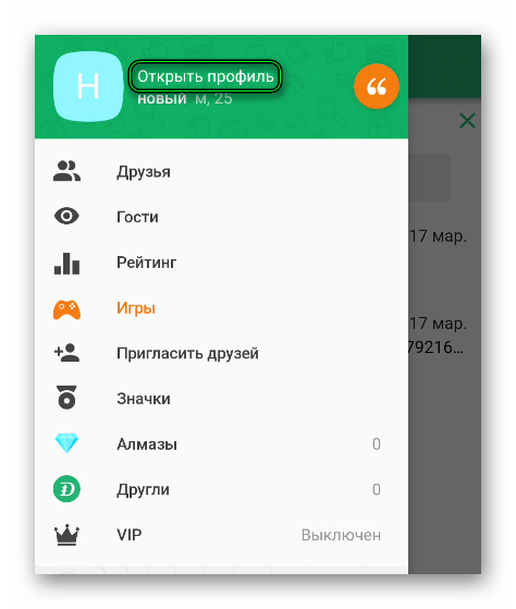 Кнопка Открыть профиль в меню мобильной версии ДругВокруг