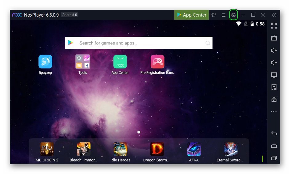 Иконка Настройки в Nox App Player для Windows