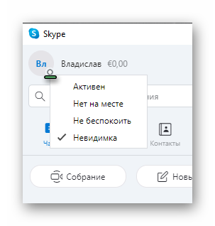 Выбор сетевого статуса в Skype на компьютере