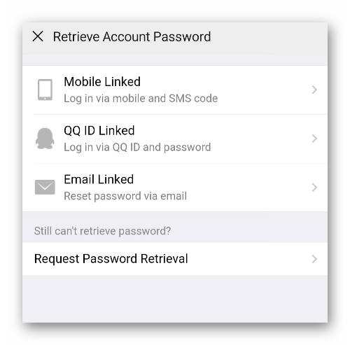 Страница восстановления пароля в мобильной версии WeChat