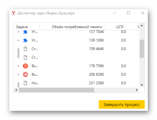 Диспетчер задач Яндекс браузера