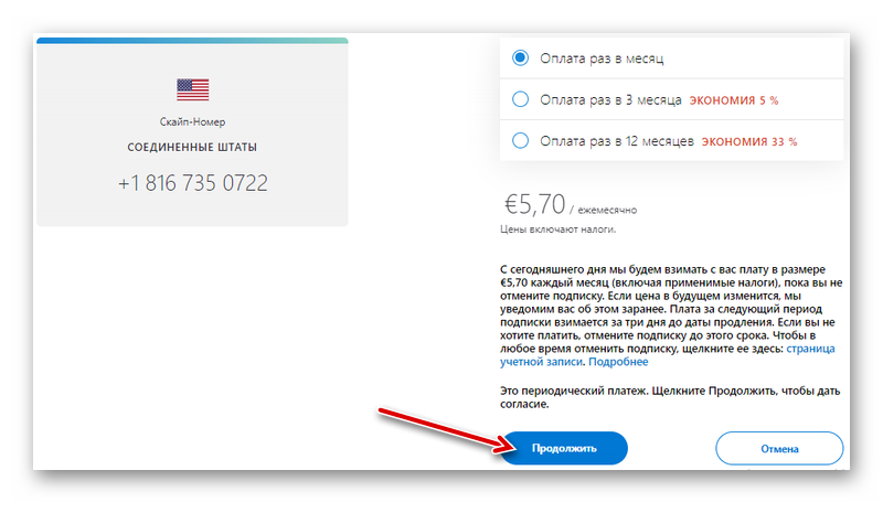 Оплата за полключение виртуального номера в Скайпе