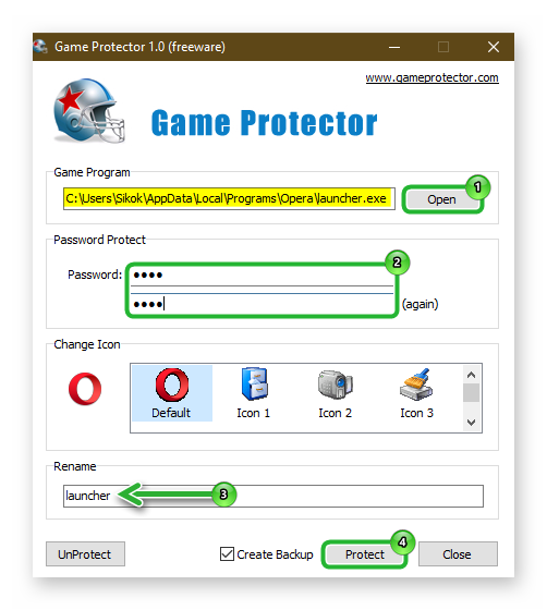 Настройка пароля в Opera с помощью программы Game Protector