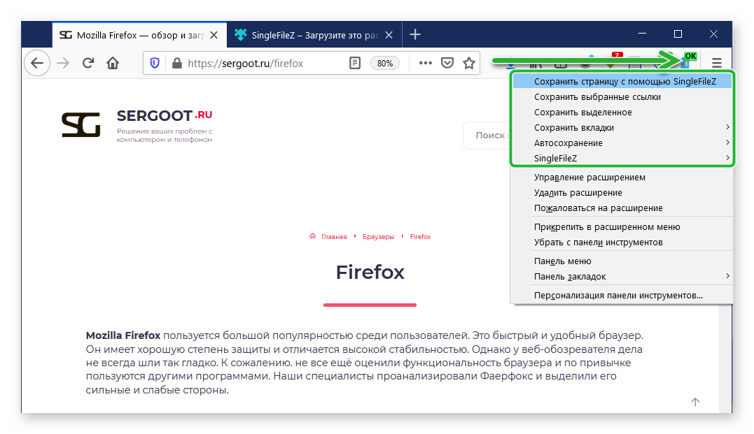 Возможности плагина для сохранения веб-страницы полностью в Firefox