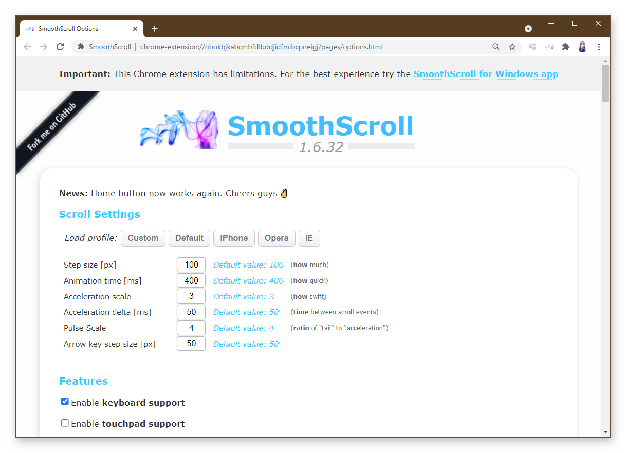 Настройки расширения SmoothScroll Options Google Chrome