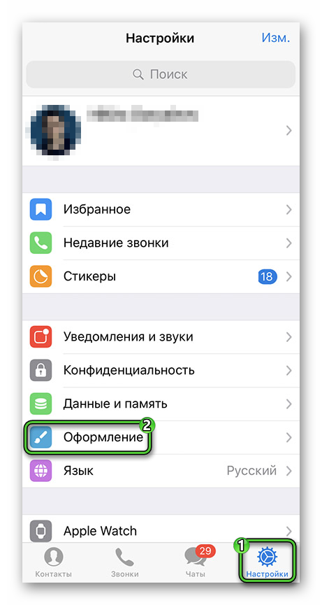 Пункт Оформление в настройках Telegram на iPhone