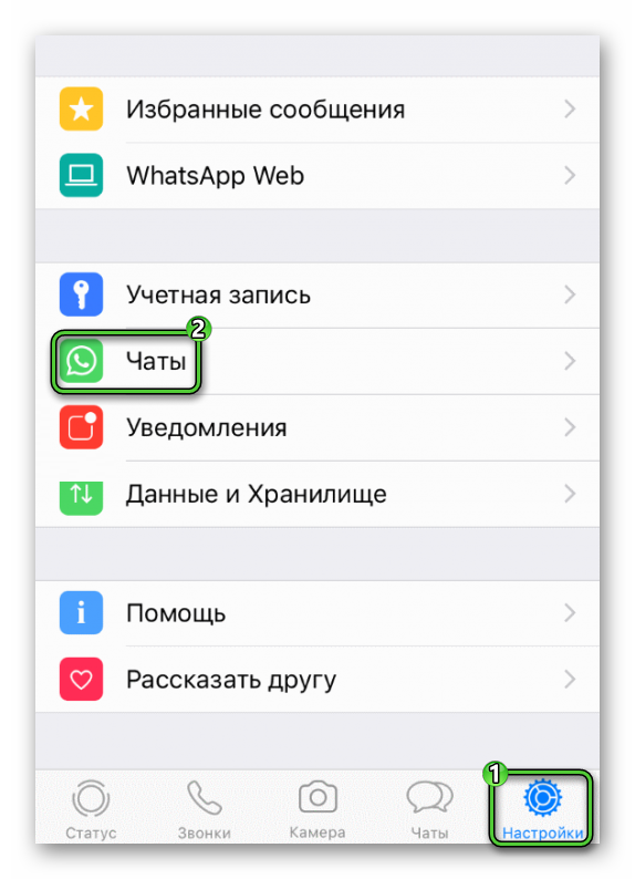 Пункт Чаты в настройках WhatsApp на iPhone