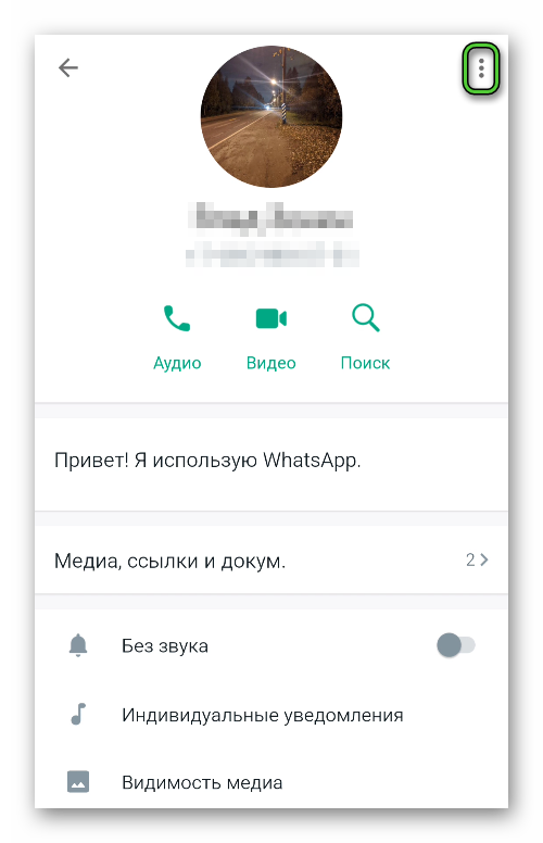 Иконка Меню на вкладке профиля WhatsApp