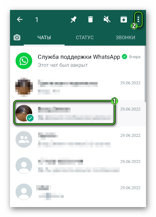 Вызов меню переписки во вкладке Чаты в WhatsApp