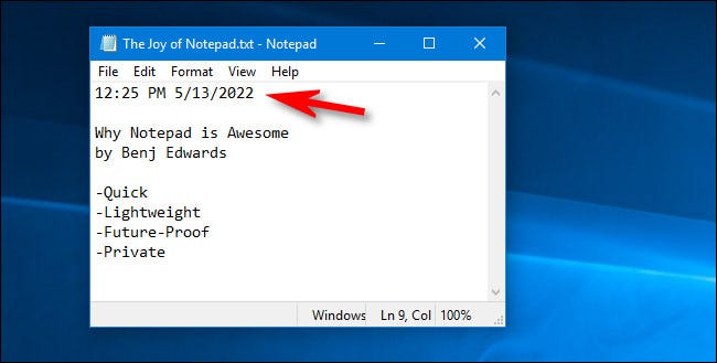 Временная метка Блокнота F5 в Windows 10