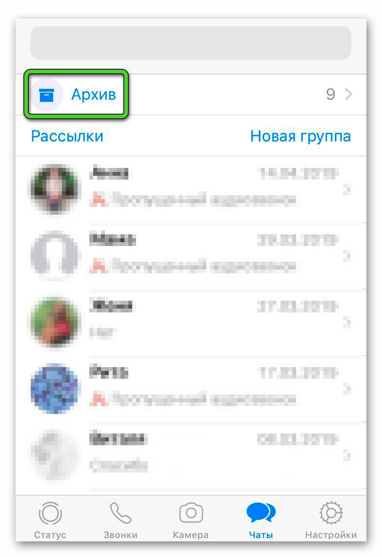 Пункт Архив во вкладке Чаты в WhatsApp на iPhone