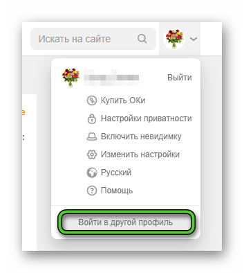 Пункт Войти в другой профиль в меню профиля на сайте Одноклассники