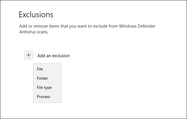 Меню типов исключений в Windows Security для Windows 10