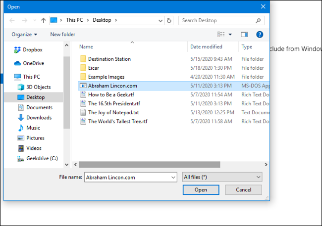 Выбор файла для исключения из сканирования Защитником Windows в параметрах безопасности Windows для Windows 10