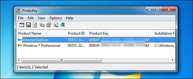Nirsoft Produkey отображает ключ продукта Windows 7. 