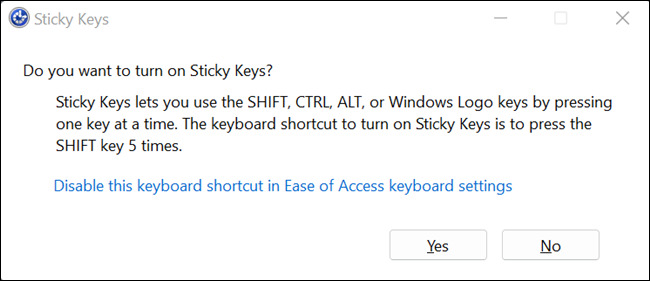 Всплывающее окно Sticky Keys