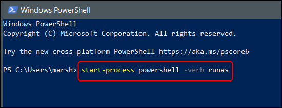 Выполните команду в PowerShell, чтобы переключиться в режим администратора.