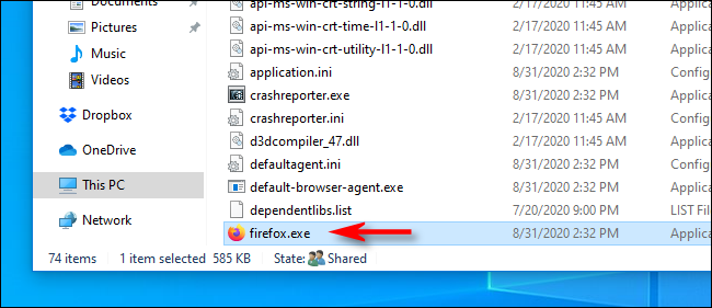 Поиск EXE-файла приложения в проводнике в Windows 10.