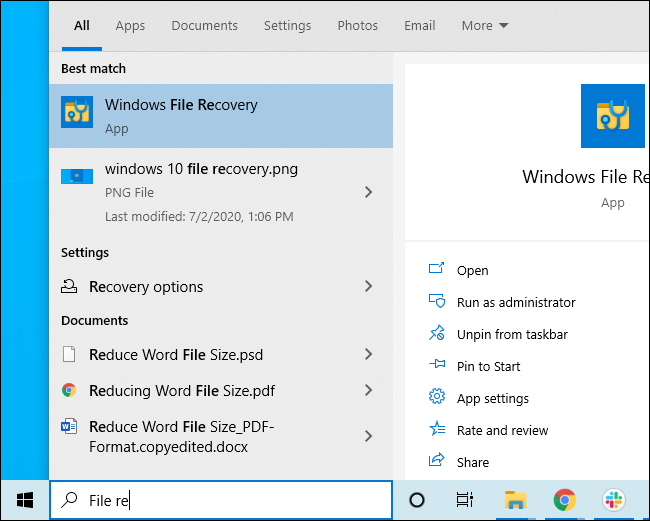 Запуск Windows File Recovery из меню 