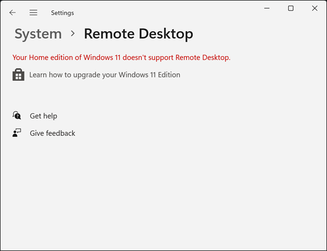 Удаленный рабочий стол недоступен в Windows 11 Домашняя.