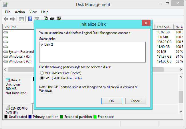 Выберите между MBR и GPT при инициализации нового диска. 
