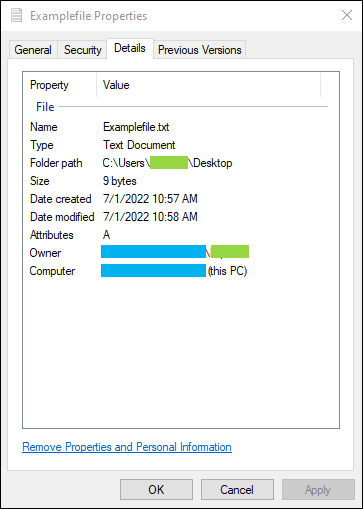 Окно свойств Windows 10, отображающее некоторые метаданные о файле. 