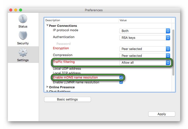 Изменение параметров Traffic filtering и Enable mDNS name resolution в настройках Hamachi для Mac OS