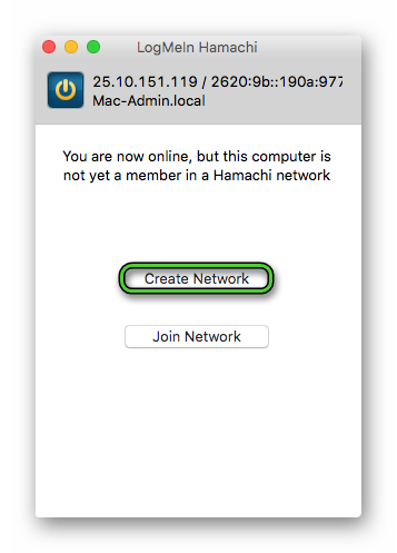 Кнопка Create Network в Hamachi для Mac OS