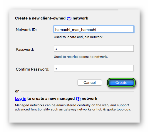 Кнопка Create при создании сервера в Hamachi для Mac OS