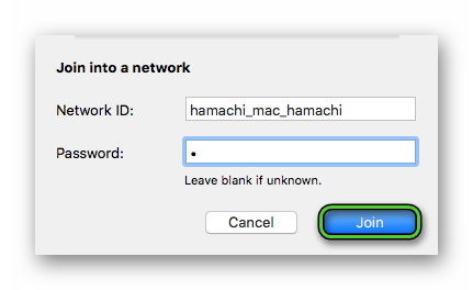 Кнопка Join при подключении к серверу в Hamachi для Mac OS