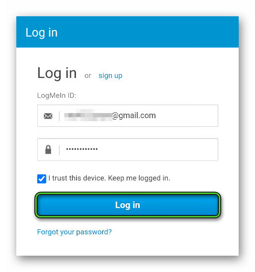 Кнопка Log in в LogMeIn для Android