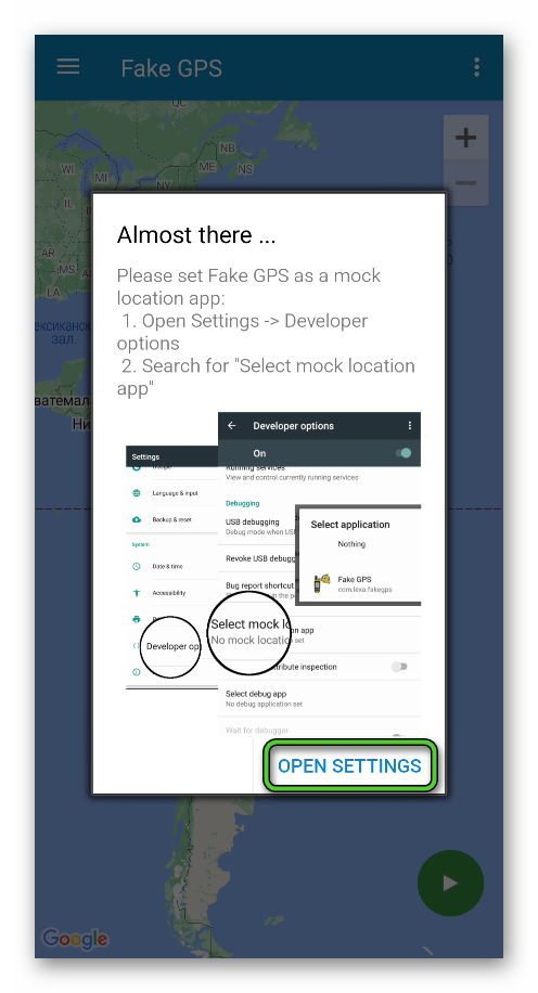 Пункт Open Settings в приложении Fake GPS location