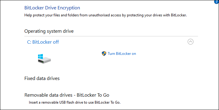 Элементы управления BitLocker в Windows 10 Pro