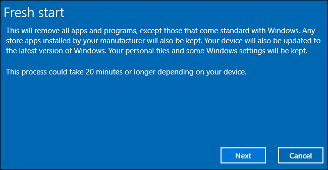 Новый запуск переустановит Windows и может исправить ошибки, вызывающие 