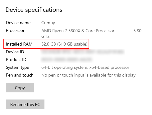Просмотр установленной оперативной памяти на ПК с Windows 10