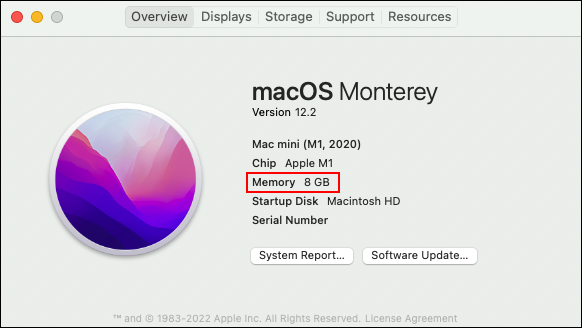количество оперативной памяти, установленной в macOS Monterey