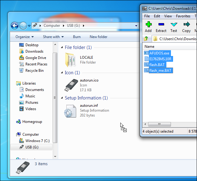 Устаревшее средство обновления BIOS в стиле DOS на загрузочном USB-накопителе в Windows 7. 