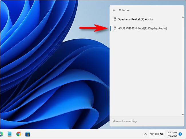 Список управления аудиоустройствами Windows 11 в меню быстрой настройки.