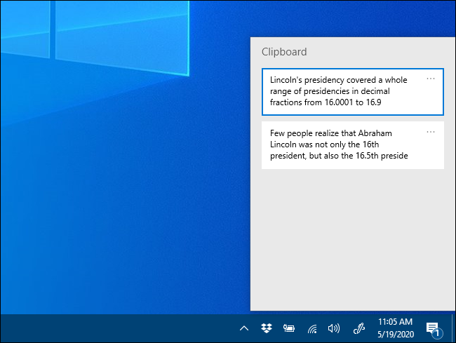 Всплывающее окно истории буфера обмена в Windows 10