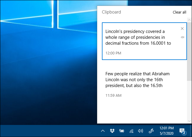 Окно истории буфера обмена в Windows 10