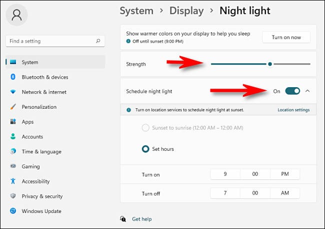 Изменение параметров ночного освещения в настройках Windows.