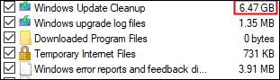 Пример очистки системы, размер остатков обновлений Windows указан в красном поле