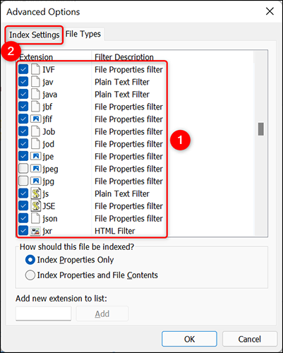 Отменить выбор форматов файлов в разделе 