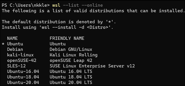 Список PowerShell доступных дистрибутивов Linux