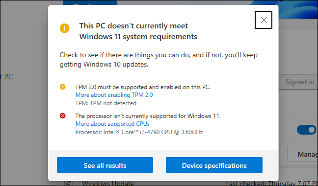 Приложение PC Health Check сообщает, что в настоящее время ПК не соответствует минимальным требованиям Windows 11.