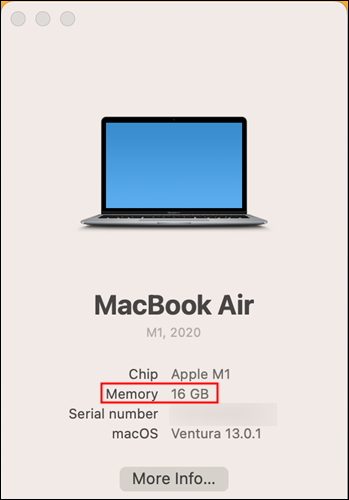 Объем памяти, доступный на вашем Mac, отображается во второй строке под процессором. 
