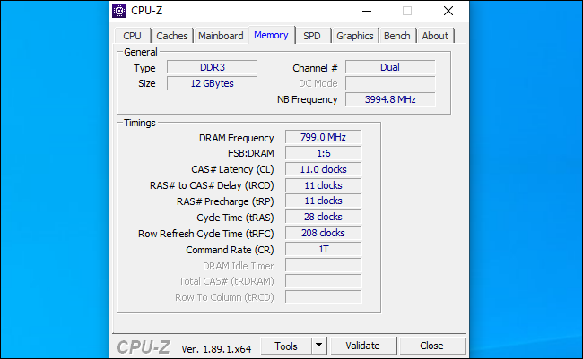 CPU-Z показывает тайминги оперативной памяти