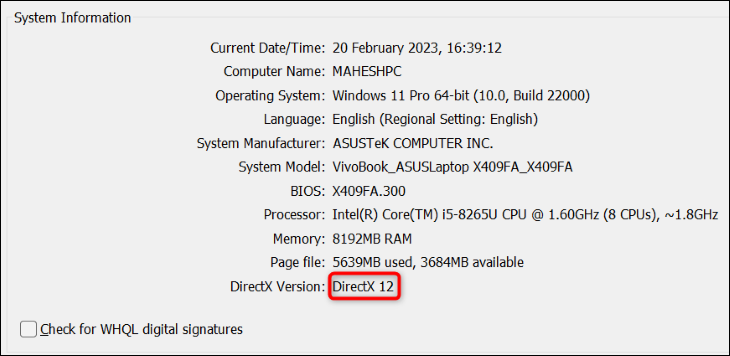 Просмотреть версию DirectX в Windows 11.
