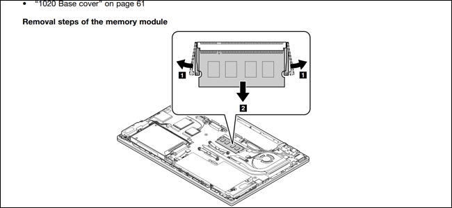 Схема ноутбука Lenovo, показывающая, как извлечь оперативную память. 